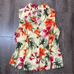Vintage‎ Hawaiian Floral Hibiscus Button Vest Top Womens Size Small
